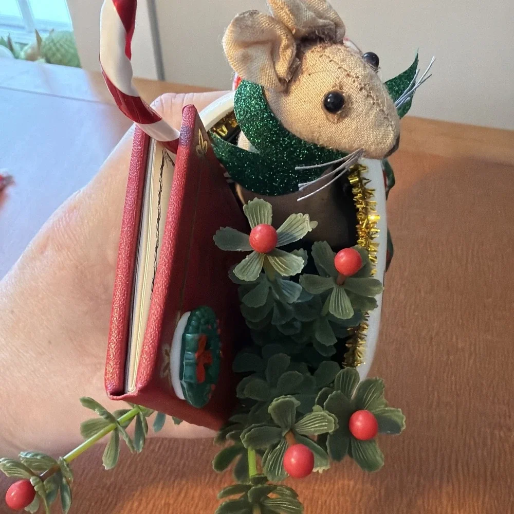 Vintage Lefton Christmas Red Santa‎ Boot Planter Mouse & Book Plastic Holly
